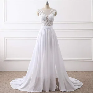Robe de mariée simple en chiffon blanc avec fente, robes de soirée charmantes, robes de cérémonie.