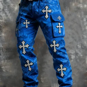 MAISON CLÉMENT PARIS™ | PANTALON CARGO BLEU IMPRIMÉ CROIX HOMME