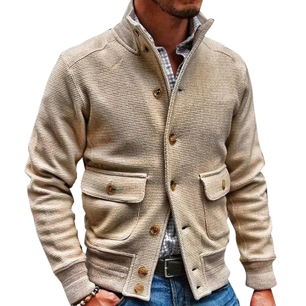 Veste d'hiver pour hommes avec col montant et poches à rabat – Couleur unie en polyester pour confort et style