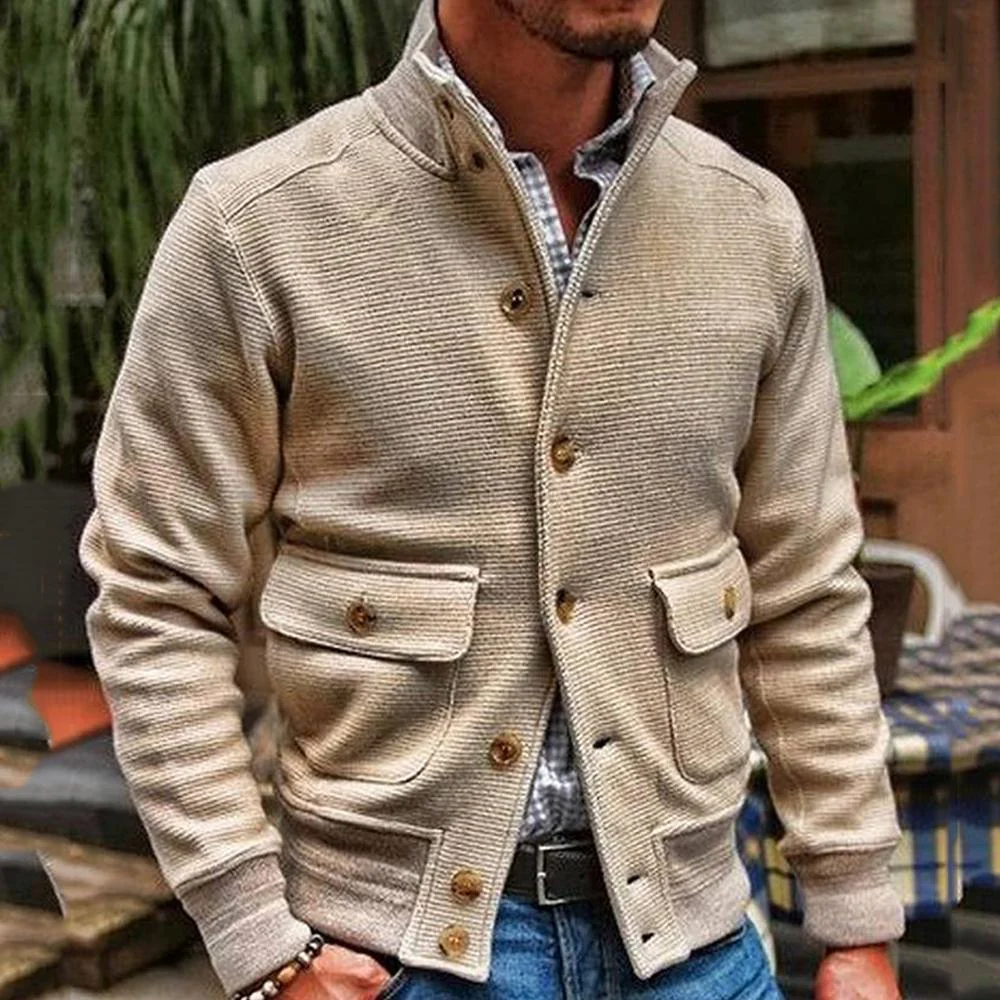 Veste d'hiver pour hommes avec col montant et poches à rabat – Couleur unie en polyester pour confort et style – Image 3