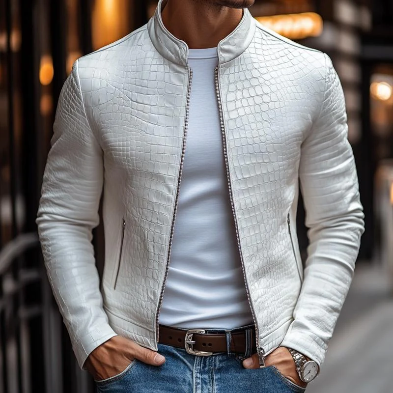 Veste en cuir exclusive pour hommes – Design luxueux blanc avec motif en pierres