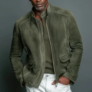 Veste Homme Vintage en Imitation Suède Unie avec Col Montant de Style Baseball