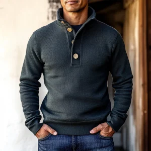 Sweat-shirt pour hommes à col montant – Pull de luxe avec fermeture à boutons