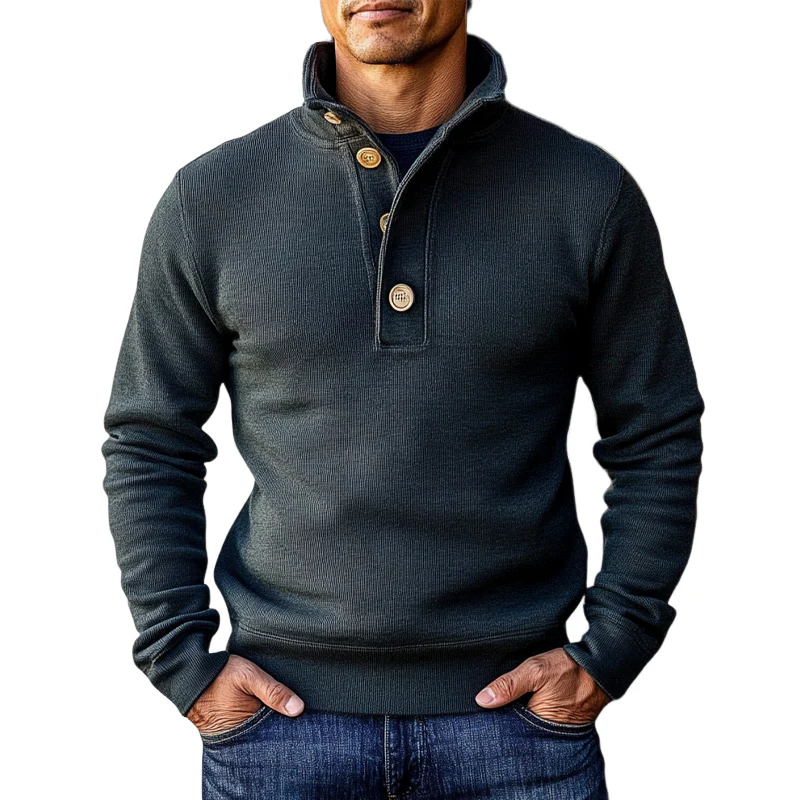 Sweat-shirt pour hommes à col montant – Pull de luxe avec fermeture à boutons – Image 3