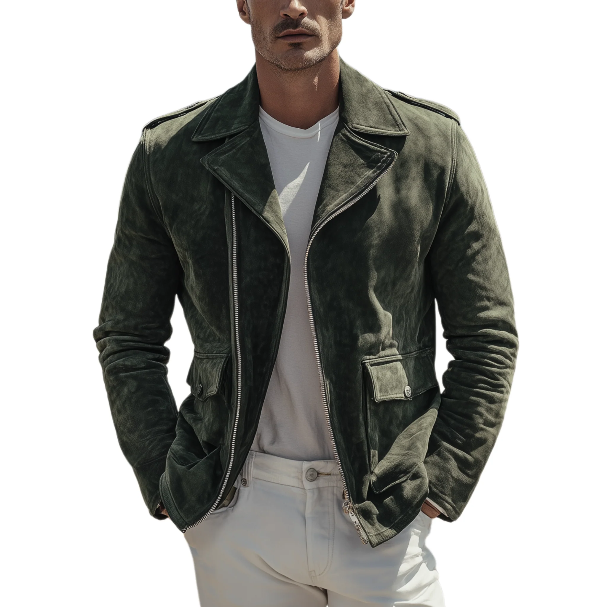 Veste Homme Classique en Suède – Veste Moto Vintage avec Revers et Fermeture Éclair – Image 2