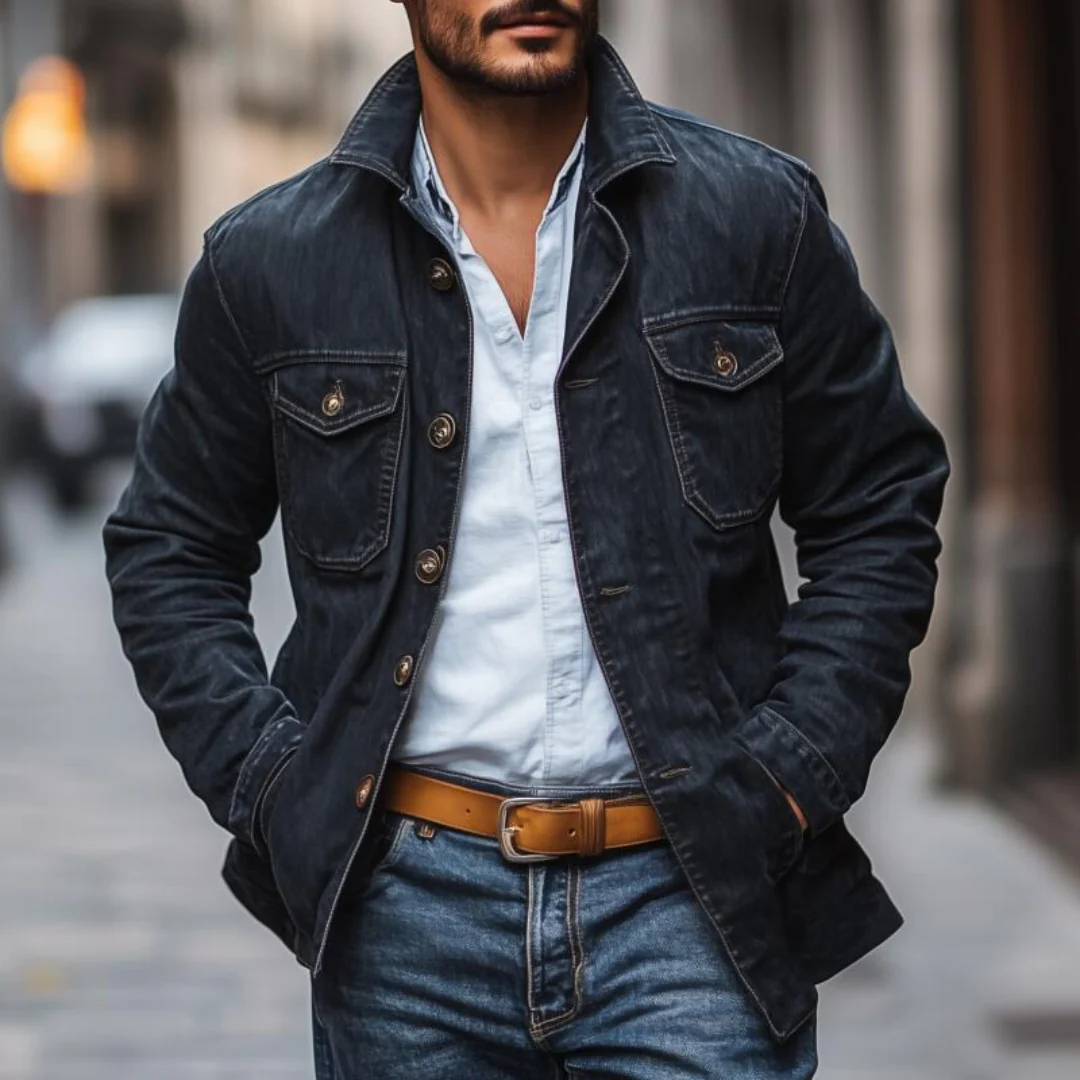 Veste en Denim Vintage pour Homme – Veste Décontractée en Jean avec Poches Poitrine – Image 3