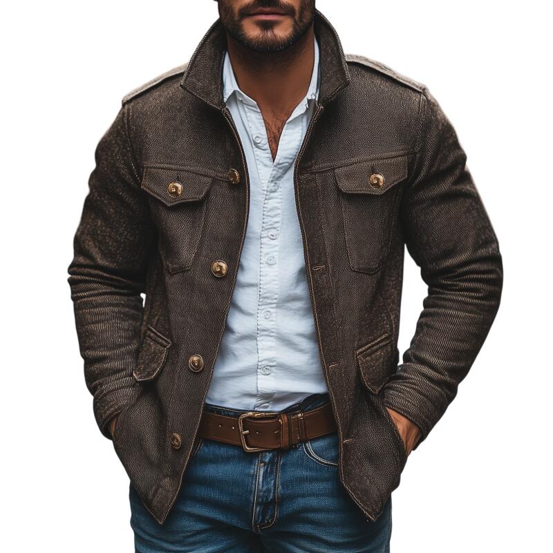 Veste en Coton Vintage pour Homme à Col, Simple Boutonnage et Multi-poches, Marron – Image 2