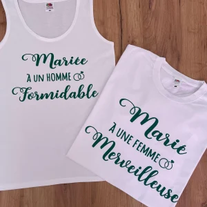 DUO Tee-shirts " Mariée à un homme formidable" Marié à une femme merveilleuse"