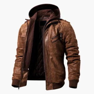 Vespasiano - Veste en Cuir Marron pour Hommes avec Capuche – Veste Biker Vintage avec Poches Zippées et Doublure Chaleureuse