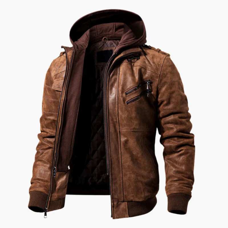 Vespasiano - Veste en Cuir Marron pour Hommes avec Capuche – Veste Biker Vintage avec Poches Zippées et Doublure Chaleureuse – Image 2