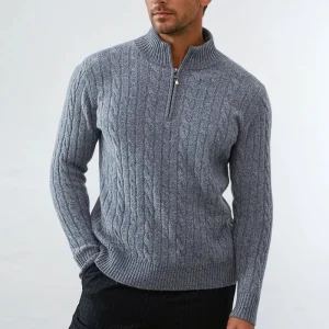 Pull à Fermeture Éclair en Laine Gris Clair pour Homme