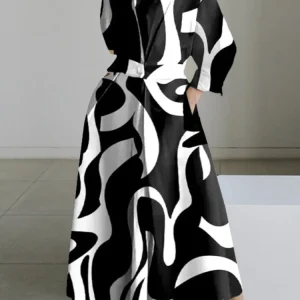 Élise - Robe Chemise Longue - Manches Longues, Imprimé Abstrait, Femme