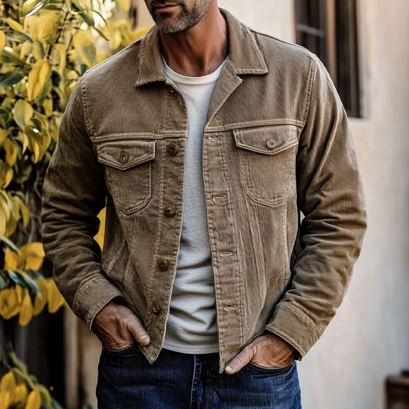 Veste en Côtelé Vintage pour Homme | Fermeture à Un Bouton & Revers – Beige Quiet Luxury