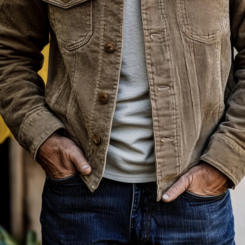 Veste en Côtelé Vintage pour Homme | Fermeture à Un Bouton & Revers – Beige Quiet Luxury – Image 5