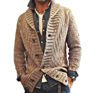Cardigan vintage tricoté pour hommes – Gilet en laine chaud avec col à revers marron