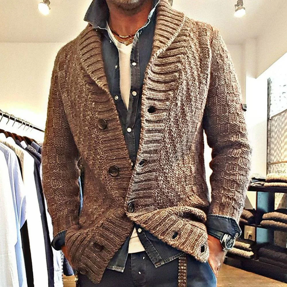 Cardigan vintage tricoté pour hommes – Gilet en laine chaud avec col à revers marron – Image 4