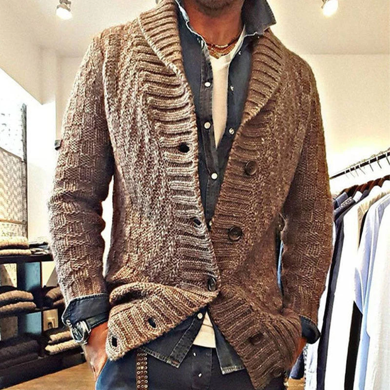 Cardigan vintage tricoté pour hommes – Gilet en laine chaud avec col à revers marron – Image 3