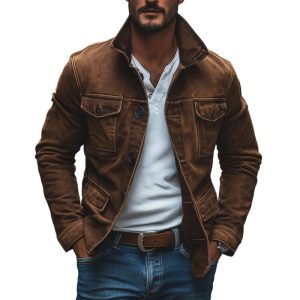 Veste en denim vintage lavée marron pour homme avec poches multiples
