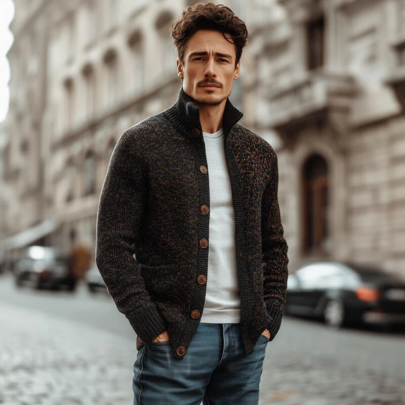 Veste tricotée vintage chic pour hommes avec col montant et boutons – Style Old Money – Image 3