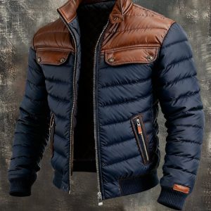 MAISON CLÉMENT PARIS™ | VESTE MATELASSÉE BLEU MARINE À EMPIÈCEMENTS EN CUIR